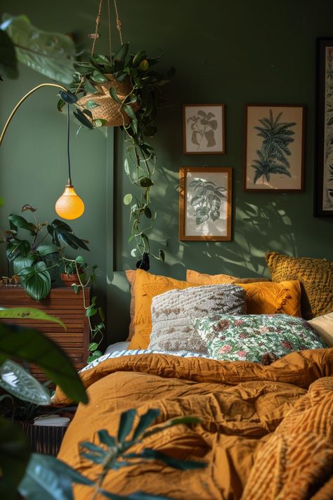 Sage Green Bedroom With Plants, Green And Orange Room Decor, Dark Green And Mustard Bedroom, Green Rooms Aesthetic, Bed Models Ideas, Sage And Orange Bedroom, Dark Green And Orange Bedroom, Green And Mustard Bedroom, Green Wall Room