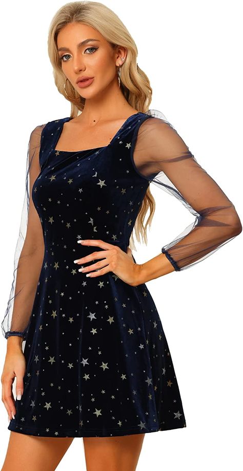 Allegra K Women's Mesh Sheer Puff Long Sleeve Square Neck Glitter Star Mini Velvet Dress Small Black Winter Ball Dresses, Sparkly Mini Dress, Sparkly Party, Shirt Dress Pattern, Dresses Royal, Puff Long Sleeves, Royal Blue Dresses, Glitter Stars, Black Velvet Dress