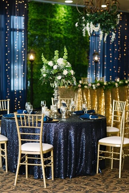 Navy And Gold Event Decor, Gold And Navy Centerpieces, Celestial Theme Party Decor, Starry Night Sangeet Decor, Blue Sangeet Decor, Himym Wedding, Grad Banquet, Sangeet Theme, Navy Blue Wedding Theme