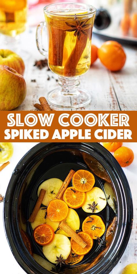 Slow Cooker Spiked Apple Cider - apple cider simmered in the slow cooker with fresh oranges, apples, cinnamon and spiked with rum or bourbon. Spiced Rum Apple Cider Crock Pot, Crock Pot Cider Spiked, Hot Cider Cocktail Crock Pot, Slow Cooker Spiked Apple Cider, Apple Cider Recipe Easy, Homemade Apple Cider Recipe, Batched Cocktails, Foreign Recipes, Slow Cooker Apple Cider