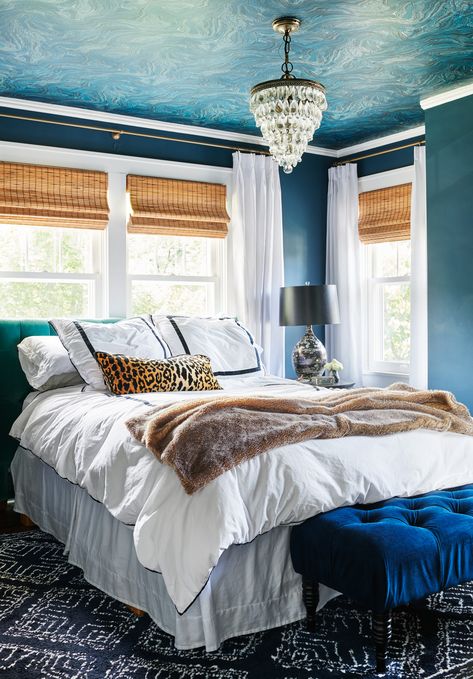 White Walls Blue Ceiling Bedroom, Blue Ceiling Bedroom, White Millwork, Blue Tufted Sofa, Blue Bedroom Paint, Blue Bedroom Colors, Blue Ceiling, Dark Green Walls, Hague Blue