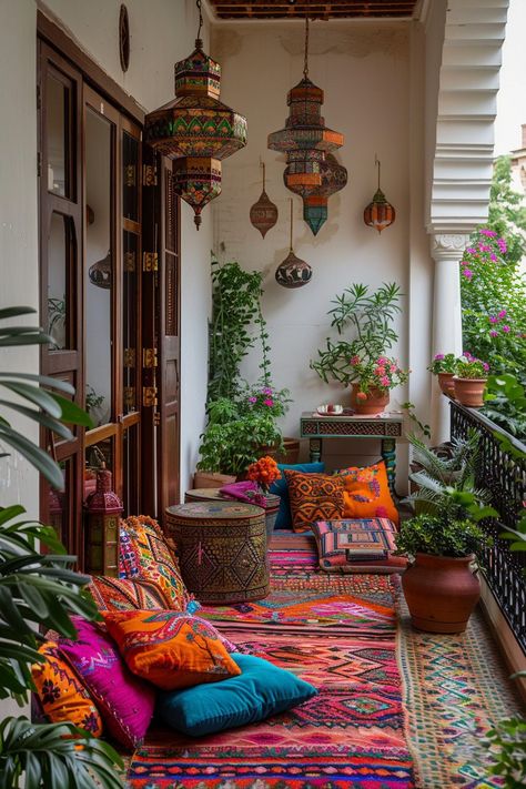 29 Boho Balcony Vibes 1 Colorful Balcony Ideas, Moroccan Balcony Ideas, Small Courtyard Garden Ideas, Courtyard Garden Ideas, Balcony Vibes, Small Courtyard Garden, Beautiful Front Yard Landscaping, Courtyard Garden Design, Moroccan Outdoor