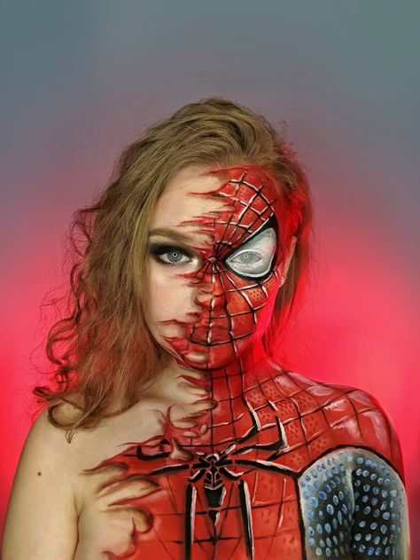 Spiderman super hero makeup Spider Man Makeup, Venom Makeup, Spiderman Makeup, Zombie Prom, 2023 Ideas, Face Paint Makeup, Male Makeup, Crazy Makeup, Halloween Make Up