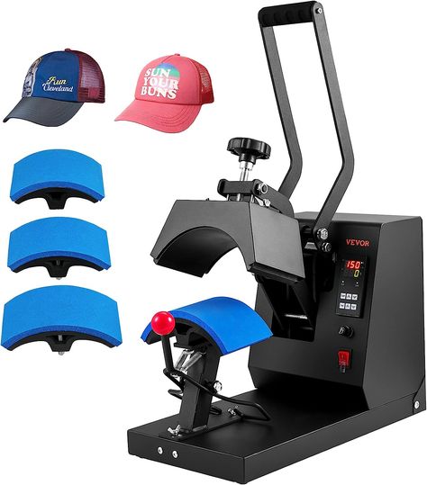 VEVOR 4-in-1 Heat Press Machine for Hats with 6x3inches Curved Teflon-Coated Heat Plate, Easy Temperature Control Non-Slip Base, Four Replaceable Elements Heating Pads, Digital Timer, Heat Press Machine, Press Machine, Heating Pad, Sublimation Paper, Bucket Hats, Plate Size, 4 In 1