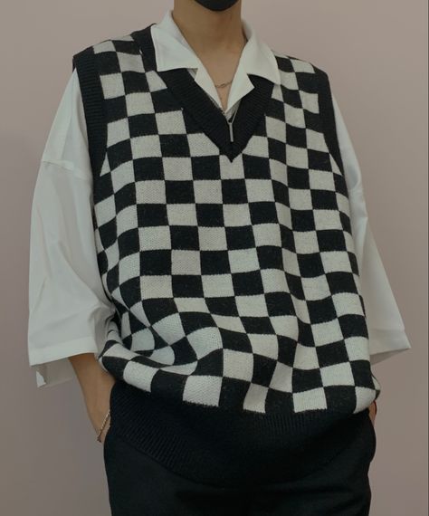 Checkered Vest Outfits, Collared Shirt Aesthetic, Checker Vest Outfit, Checkered Clothing, Checkered Sweater Vest, Checkered Clothes, Checkered Vest, Goth Sweater, Checkered Outfit