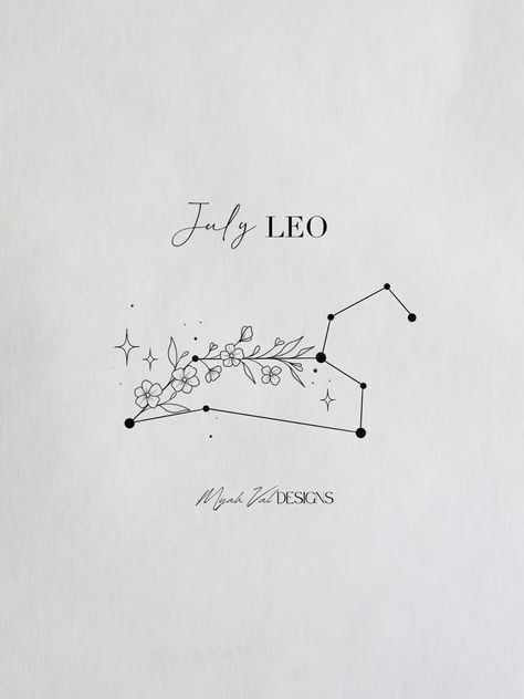 Artist: MyahVal Designs​​​​​​​​​   #digitalart  #artwork #tattooart #floralart #tattoos #floraltattoo #tattooideas #minimalist #tattoodesign #birthflower #birthflowers Leo Star Sign Tattoo Constellations, Birthflower Zodiac Tattoo, Leo Star Sign Tattoo, Constellation Lion, Sign Constellations, Zodiac Signs Leo Tattoo, Leo Constellation Tattoo, Leo Zodiac Tattoos, Leo Tattoo Designs