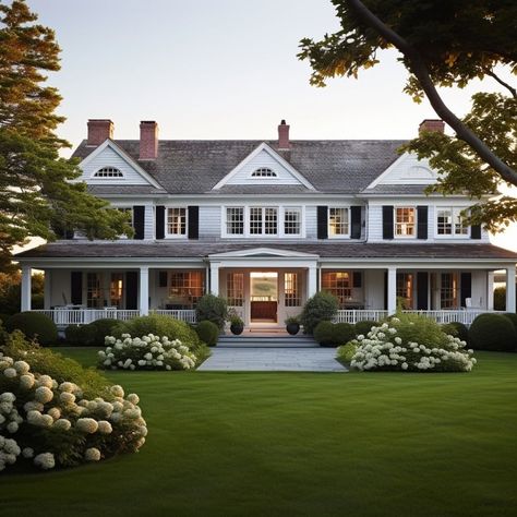 Wind The Key | A light gray cape cod beach house with a welcoming porch and bay views for days! Design: @windthekey Click the link in our bio to visit… | Instagram House With A Porch, Cape Cod Beach House, Cape Cod House Exterior, Cape Cod Beach, Colonial House Exteriors, Black Shutters, Dream Life House, Cape Cod House, Casas Coloniales