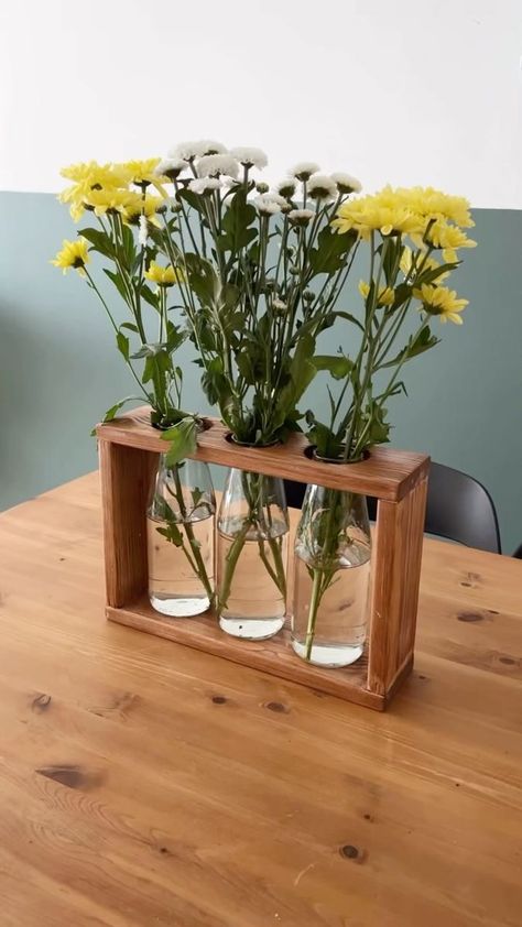 Turning scrap wood into stunning art! 🌿✨ Check out my DIY project where I transformed three glass jars into a beautiful vase trio. 🏞️🌺 The wooden frame adds a rustic touch, making it a perfect centerpiece for any space. 💖🔨 #DIYProject #ScrapWoodArt #VaseTrio #HandmadeDecor #CreativeCrafts #SustainableDesign #UpcycledBeauty #HomeDecorInspo #NatureInspired #RusticCharm #GreenThumbs #DIYInspiration | Design.by.fatema | Design.by.fatema · Original audio Scrap Wood Plant Stand, Wood Vase Centerpiece, Scrap Wood Art, Creative Design Furniture, Pinterest Predicts, Wood Plant Stand, Year 8, Scrap Wood Projects, Wooden Vase