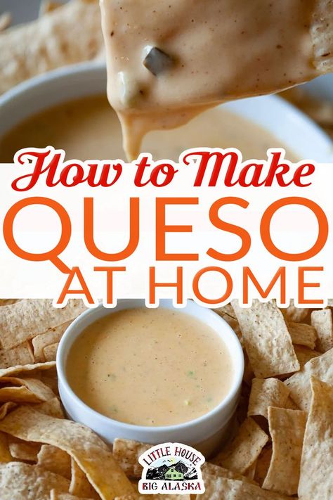 Ohhh who wants to make smooth melty perfect for dipping queso at home? If your hand isn’t up have you ever had GOOD homemade queso? I’m talking smooth melty cheese sauce full of all mild (or spicy peppers) and spices that take your chip dipping game to the next level. And believe me, you WANT the next level. | @LttlHouseBigAK #easyquesodip #homemadequesodip #quicksuperbowldip #easygamedaydip Homemade Caso Cheese, Melty Cheese Sauce, Homemade Queso Sauce, Queso Sauce Recipe, Spicy Cheese Sauce, Home Made Queso Cheese Sauce, Queso Sauce, How To Make Queso, Mexican Queso Dip