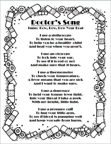 I found the first verse on https://www.pinterest.com/mdeines3/school-ideas/ and made up the rest because I wanted the song to be longer! Doctor's Song, Community Helpers, doctor, nurse Policeman Songs Preschool, Doctor Songs Preschool, Community Helpers Music And Movement, Doctors And Nurses Preschool, Doctor Circle Time Activities, Community Helpers Preschool Songs, Doctor Lesson Plans Preschool, Songs About Community Helpers, Preschool Doctor Activities