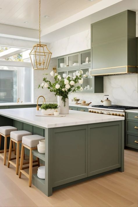 Farrow And Ball Treron, Green Painted Rooms, Kitchen Cupboard Colours, Farrow And Ball Kitchen, Jade Design, Farrow And Ball, Green Cabinets, Japanese Interior, Concrete Countertops