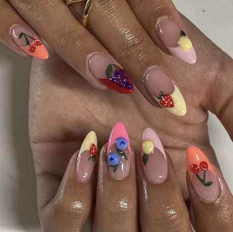 Nails Fruits Design, Fruits Nails Design, Farmers Market Nails, Fruit Salad Nails, Winery Nails, Citrus Nail Art, Nails Fruit Design, Fruit Acrylic Nails, Italian Summer Nails