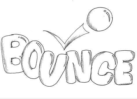 Drawing of a ball bouncing on the word bounce, which is written in big bubble letters and crooked where the ball hit Bounce Drawing, Inktober Drawings, Inktober 2023, Art Challenge, At School, Right Now, Drawings, On Instagram, Instagram