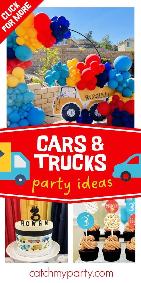 Trucking Birthday Party Ideas, Traffic Jam Birthday Party, Transportation Birthday Food Ideas, Truck Theme 1st Birthday Party, Vehicle First Birthday Party, Transportation Second Birthday Party, Vehicle Balloon Decorations, Truck Balloon Decorations, Vehicle Themed 2nd Birthday Party