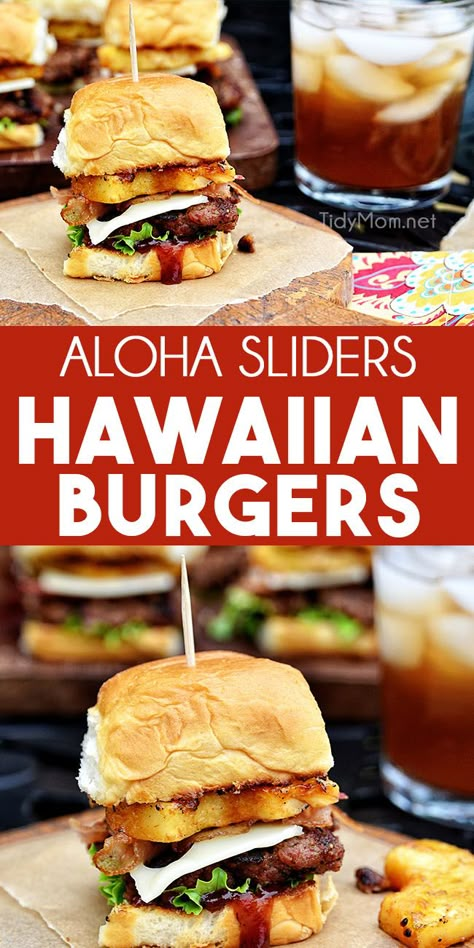 Bbq Sliders Recipes, Hawaiian Burger Recipe, Aloha Burger, Sliders Recipes Hawaiian Rolls, Hawaiian Burger, Bbq Sliders, Teriyaki Burgers, Grilling Chicken, Luau Food