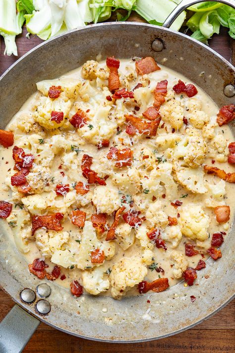 Creamed Cauliflower (aka Creamy Garlic Parmesan Cauliflower with Bacon) Cream Cauliflower, Creamed Cauliflower, Garlic Parmesan Cauliflower, Parmesan Cauliflower, Closet Cooking, Bacon Cauliflower, Salad Cream, Thanksgiving Side, Creamy Garlic