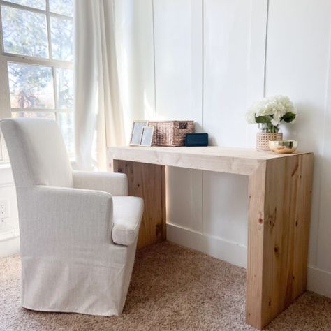 DIY Waterfall Writing Desk - Shanty 2 Chic Waterfall Edge Office Desk, Wood Waterfall Desk, Walmart Furniture Hack, Waterfall Desk Diy, Diy Waterfall Desk, Desk In Foyer, Diy Laptop Table, Diy Small Desk, Farmhouse Desk Diy