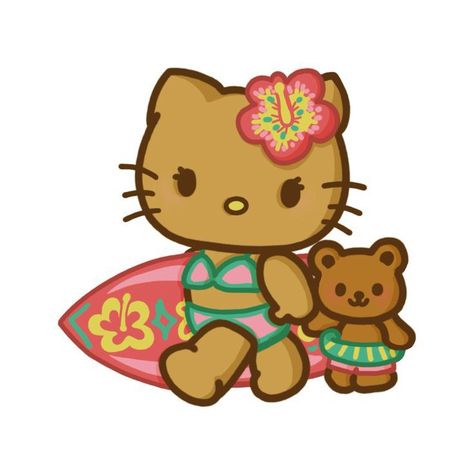 Hello Kitty Surfing, Aloha Wallpaper, Hibiscus Flower Aesthetic, Dolphin Icon, Hawaii Hello Kitty, Hawaiian Hello Kitty, Sanrio Summer, Summer Beach Girl, Tropical Preppy