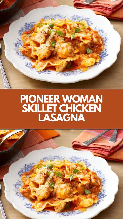 This delicious Pioneer Woman Skillet Chicken Lasagna is a quick and easy meal that combines creamy ricotta and melted mozzarella for a comforting, hearty dish. Using common ingredients, you can easily customize it to your taste. Enjoy the rich flavors and simplicity of this one-pan wonder for dinner tonight! Pioneer Woman Recipes Easy, Skillet Lasagna Pioneer Woman, Pioneer Woman Recipes Dinner Main Courses, Skillet Chicken Lasagna, Pioneer Woman Recipes Dinner, Pioneer Kitchen, Pioneer Woman Chicken, Skillet Lasagna Recipe, Skillet Lasagna