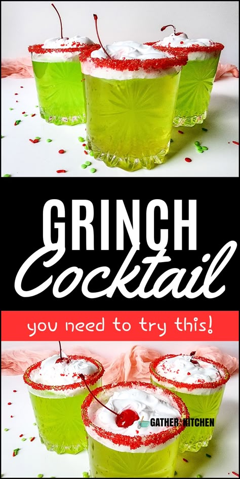 Get into the holiday spirit with this festive Grinch cocktail recipe. This vibrant green drink combines vodka, lime juice, and green-flavored punch for a refreshing and fun Christmas cocktail. Perfect for Christmas parties and gatherings, this Grinch drink is sure to be a hit with your guests. Top with whipped cream, cherries, and red sprinkles for a truly Grinchy look. Enjoy this easy Christmas cocktail recipe for a festive and delicious holiday beverage that's perfect for adults. Grinch Cocktail, Fun Holiday Drinks, Grinch Drink, Grinch Punch, Holiday Dips, Christmas Cocktails Easy, Christmas Drinks Alcohol Recipes, Xmas Drinks, Green Punch