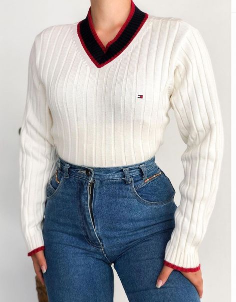 Ribbed Black, Red and White Tommy Hilfiger Jumper Tommy Hilfiger Polo Women, Tommy Hilfiger Outfits Women Winter, 90s Tommy Hilfiger Outfit, Tommy Hilfiger Sweater Outfit, Tommy Hilfiger Women Outfit, Polo Outfit Women's, Tommy Hilfiger Outfits Women, Tommy Hilfiger Aesthetic, Tommy Hilfiger Outfits