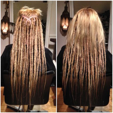 Half Head Synthetic Dreads, Dreads Styles For White Women, Long Blonde Dreads, Half Head Dreads, Partial Dreads Placement, Partial Locs, Half Dreaded Hair, Half Dreads, White Girl Dreads