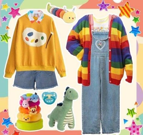 Kidcore Winter Outfits, Unusual Outfits Ideas, Outfit Ideas Kidcore, Childcore Aesthetic Outfit, Love Core Aesthetic Outfits, Kid Core Aesthetic Outfit, Childish Outfits, Clothes Kidcore, Childish Clothes