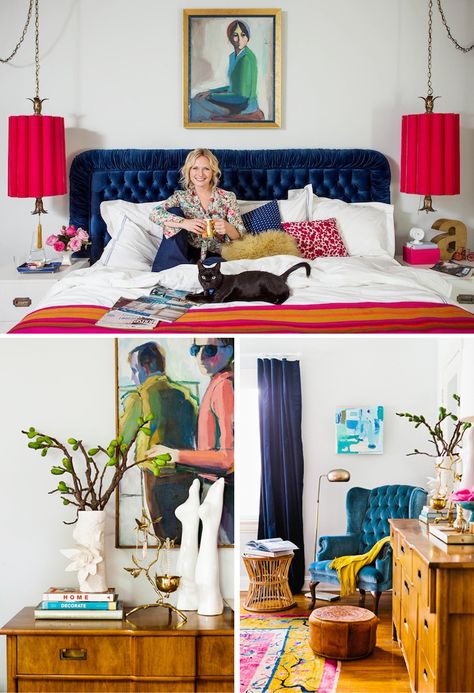 emily henderson bedroom makeover 4 Master Bedrooms Decor Maximalist, Pink And Navy Room, Emily Henderson Bedroom, Navy Room, Em Henderson, Downtown Living, Bedroom Upgrade, Eclectic Bedroom, Emily Henderson