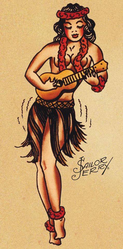 Sailor jerry Hula Girl Tattoos, Sailor Jerry Flash, Sailor Jerry Tattoo Flash, Hawaiian Tattoos, Hawaii Tattoos, Badass Girl, Sailor Tattoos, Tiki Statues, Sailor Jerry Tattoos