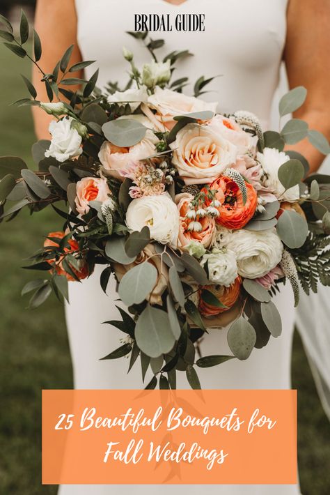 Greenery For Fall Wedding, Flowers For A Fall Wedding, Terracotta And Eucalyptus Wedding Flowers, Elegant Fall Wedding Flowers, Wedding Boquet Colors, Muted Fall Wedding Flowers, Autumn Bride Bouquet, Colorful Bridal Bouquet Fall, Fall Bridal Flowers