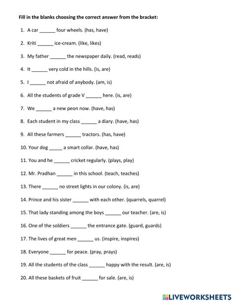 Subject-Verb Agreement online worksheet for Grade 5. You can do the exercises online or download the worksheet as pdf. Subject Verb Agreement Worksheet Grade 4, Subject Verb Agreement Worksheet, Grade 5 Worksheets, Subject Verb Agreement Activities, Helping Verbs Worksheet, Adjectives Lesson, Homophones Worksheets, Transitive Verb, Close Reading Strategies