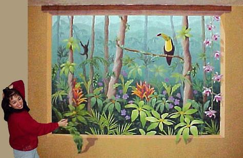 Jungle Murals | Jungle Mural / Oakley, California Jungle Theme Mural, Jungle Theme Wall Painting, Waterfall Wall Mural, Jungle Window Painting, Rainforest Mural Painting, Jungle Room Decor, Jungle Graffiti Wall, Niche Wall, Jungle Love