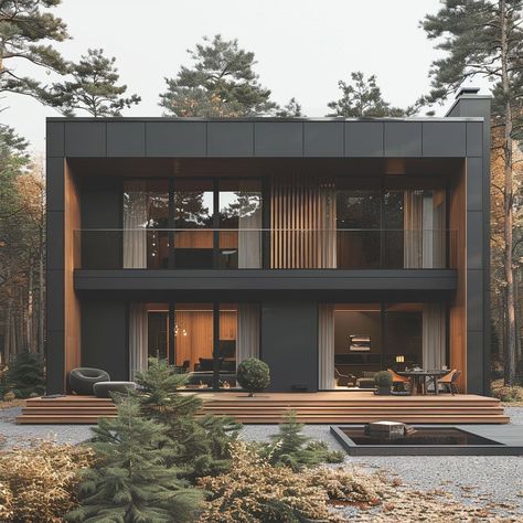 Modern House In The Woods Exterior, Modern Industrial Exterior, Modern House Wood, Modern Industrial House Exterior, Loft House Exterior, Modern Black House Exterior, Industrial House Exterior, Modern Wooden House, Apartment Exterior