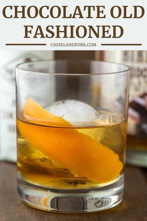 By adding chocolate bitters and chocolate whiskey, this chocolate old fashioned is a unique twist on a classic cocktail. #chocolateoldfashioned #oldfashioned #cocktail | chiselandfork.com Old Fashioned Recipes Cocktail Twists, Chocolate Old Fashioned Cocktail, Chocolate Bitters Cocktail, Chocolate Old Fashioned, Chocolate Bitters, Boozy Treats, Bourbon Smash, Alcohol Beverages, Bourbon Recipes