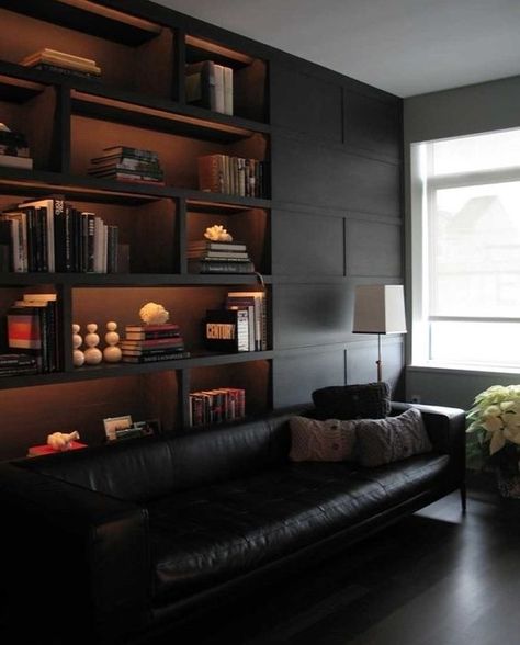 Blackout on Instagram: “Luxury Follow @blackout.gm For More!” Bookshelf Paneling, Masculine Bookshelf, Bookshelf In Wall, Bookshelf Wall Living Room, Bookshelf Lighting Ideas, Veneer Panelling, Masculine Study, Modern Bookshelf Design, Gentlemans Room