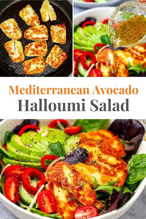 This healthy and delicious avocado halloumi salad with a Mediterranean dressing of lemon, honey and oregano has become my go-to salad for a satiating lunch or dinner. It's gluten-free, vegetarian and low-carb friendly. A must-try halloumi cheese recipe! via @irena_macri Avocado Halloumi, Halloumi Avocado, Mediterranean Dressing, Halloumi Cheese Recipes, Halloumi Recipes, Cooking Halloumi, Haloumi Recipes, Halloumi Cheese, Halloumi Salad