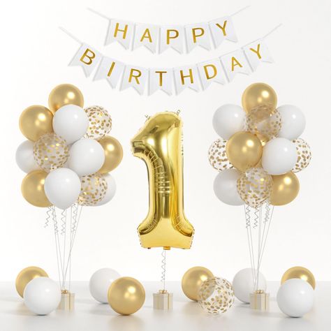 PRICES MAY VARY. 【VALUABLE PACK】32pcs One Balloon for First Birthday Kit include: 40inch gold 1 balloon, white gold HAPPY BIRTHDAY banner,12pcs 12inch gold balloons, 12pcs 12inch white balloons, 8pcs gold confetti balloons. 【PREMIUM MATERIAL】White gold balloons set are made of high-quality and Eco-Friendly natural foil and latex balloons, thick and durable.These birthday balloons can be filled with air. 【WIDE APPLICATION】 The 1st birthday decorations is perfect for any party decorations, baby sh White Gold Balloons, Gold Happy Birthday Banner, One Year Old Birthday Party, Number 1 Balloon, Golden Birthday Parties, One Year Old Birthday, Gold Happy Birthday, 1st Birthday Balloons, Gold First Birthday