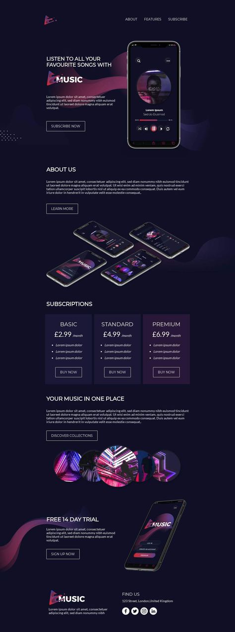 This music app promotion email is a sleek, modern email template ideal for subscription services. Companies in the computer and internet industry or who provide media and entertainment services will jump at this All Your Music in One Place email template — send it out to your subscribers so they can listen to their favorite songs! This email is great for an app launch or any kind of product launch; the dark mode neon interface will attract your customers. #email Designed by Yuliana Pandelieva Subscription Email Design, Tech Email Design, App Launch Design, App Promotion Design, App Launch Campaign, Shopify Inspiration, Mailing Design, App Launch, Tech Newsletter