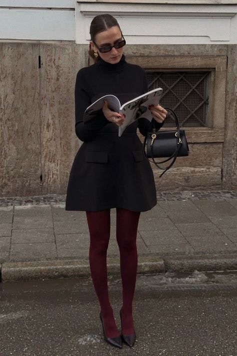 fall inspo outfits, fall 2024 outfits, fall outfit inspo, fall outfit, burgundy outfit, burgundy outfit ideas, maroon outfit, trendy fall outfits, burgundy tights Outfit Bordeaux, Female Office Outfits, Burgundy Tights Outfit, Burgundy Skirt Outfit, Burgundy Boots Outfit, Red Tights Outfit, Burgundy Dress Outfit, Colour Tights, Fem Outfits