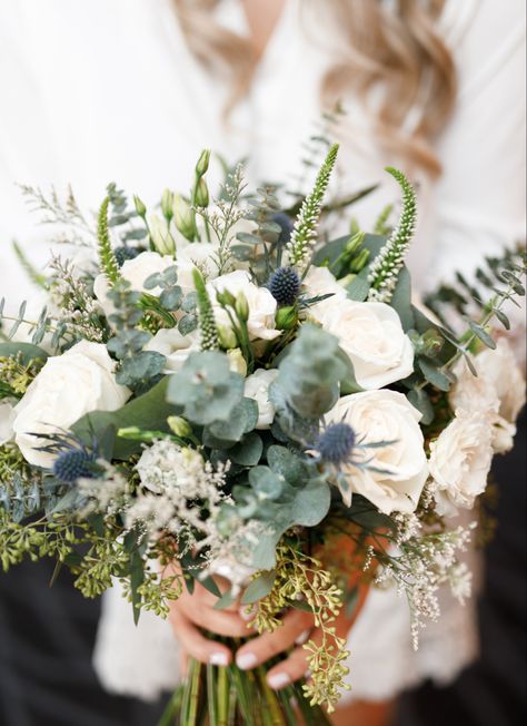 Eucalyptus Bridal Bouquet White Flowers, Bouquets With Thistle, Wedding Bouquet With Succulents, Bouquet Of Flowers Eucalyptus, White And Thistle Wedding Flowers, Scottish Wedding Bouquet Thistles, Eucalyptus Rustic Wedding, Blue Thistle Wedding Flowers, Thistle Eucalyptus Bouquet