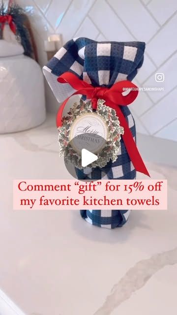 Gina Wynn | Fat loss & Fashion over 40 on Instagram: "Grab a bottle of wine and a cute kitchen towel for the easiest holiday gift for the hostess, neighbor, co-worker, and bestie!  Comment “gift” for 15% off my favorite kitchen towels from @geometry.house 🎁" Wine Bottle Dish Towel Wrap, Wrapping Towels For A Gift, Soap And Towel Gift Ideas, Dish Towel Gift Ideas, Wine Wrap, Simple Holiday Gifts, Wrapped Wine Bottles, Wine Bottle Gift, Bottle Wrapping