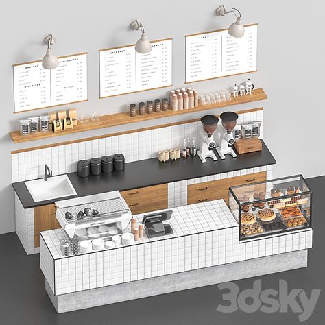 Coffeeshop - Restaurant - 3D model Restaurant Counter Design Modern, Coffee Shop Cashier Counter, Small Cafe Counter Design, Cafe Counter Interior Design, Coffee Shop Counter Design Cafe Style, Coffee Shop Kitchen Design, Cashier Counter Design Restaurant, Counter Cafe Design, Cafe Cashier Counter Design