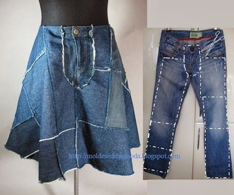 Stylish Ways to Alter Old Jeans into New Fashion-Turn Old Jeans into Patchwork Skirt Repurpose Old Jeans, Diy Clothes Videos, Diy Vetement, Repurposed Clothing, Denim Ideas, Recycled Jeans, Upcycle Jeans, Denim Crafts, Denim Diy