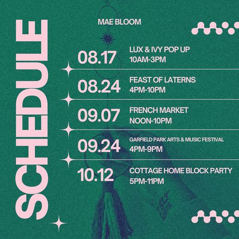 ✨ EVENT SCHEDULE ✨ What.A.Lineup. Big Events with Big Energy! I hope to see you at one, a few, or them all!! Free Admission to them all too!! ✨ 8/17 Pop up with our friends at Lux & Ivy @luxandivyshop Small Biz Pop Up with some of our Local Loves 🫶 8/24 Feast of Laterns @feastoflanterns Literally can’t wait to finally attend as a vendor and hope to see you all there!! 9/7 French Market at St. Joan of Arc @sjoaindy This is my first year attending as a vendor but we’ve been going to thi... Event Rundown Layout Design, Schedule Of Events Design, Event Inspiration Creative, Event Itinerary Design, Minimal Event Poster, Events Schedule Design, Event Graphic Design Inspiration, Event Schedule Design Layout, Graphic Design Event Poster