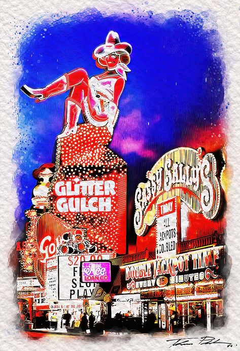 Vegas Drawing, Vegas Painting, Glitter Gulch, Las Vegas Painting, Mixed Media Watercolor, Vintage Vegas, Poppin Bottles, Downtown Las Vegas, Art Mixed Media