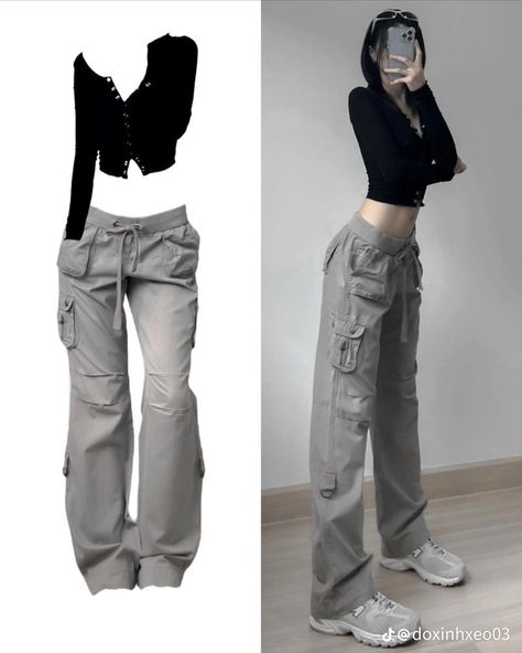 Grey Acubi Outfits, Grey Baggy Pants Outfit, Baggy Gray Cargo Pants, Gray Cargo Outfit, Grey Cargo Pants Outfit Women, How To Style Grey Cargo Pants, Outfits With Grey Pants, Grey Cargos Outfit, Grey Cargo Outfit