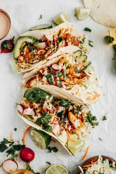 Blackened Cod Fish Tacos with Sriracha Lime Crema Fish Tacos With Cabbage Slaw, Cod Tacos, Tacos With Cabbage Slaw, Blackened Cod, Cod Fish Tacos, Fish Tacos With Cabbage, Easy Taco Recipes, Lime Crema, Fish Tacos Recipe