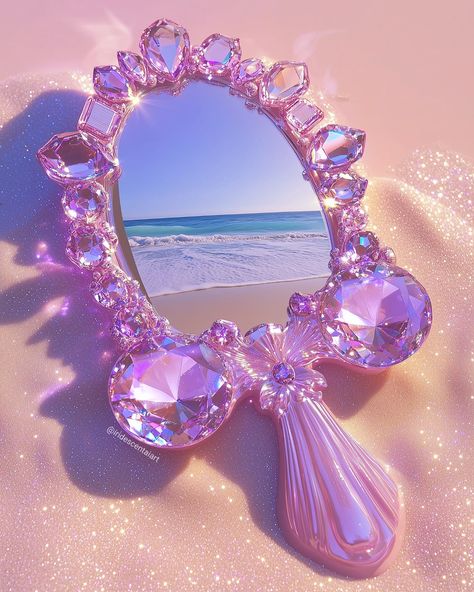 A magical mirror that can transport you to anywhere you want to go? YES PLEASE #IridescentAIArt #IridescentArt #Iridescent #Mirror #MagicMirror #Beach #Summer Pink Aesthetic Items, Barbie Mirror, Peach Prc, Iridescent Mirror, Magical Mirror, Rhinestone Mirror, Beautiful Moon Pictures, Crystals Art, No Ordinary Girl