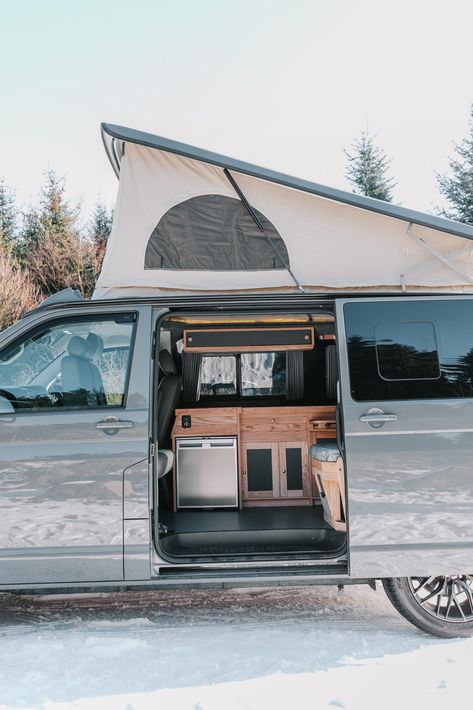 Bespoke Built Transporter T6.1 SWB in Pure Grey | Quirky Campers T6 Camper Conversion, T6 Conversion, Campervans For Sale, Quirky Campers, Pop Top Camper, Campervan Hire, Water Tanks, Linoleum Flooring, Bed Springs