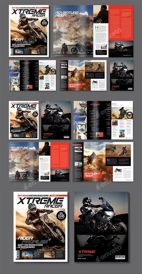 Extreme Sports Motocross Magazine Template, Print Templates | GraphicRiver Magazine Sport, Font Logotype, Bold Minimalism, Motorcycle Magazine, Sport Magazine, Sports Magazine, Magazine Pages, Design Publication, Magazine Spreads